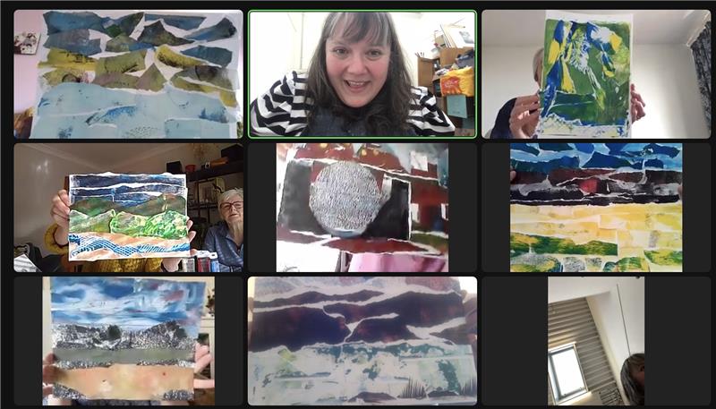 Screenshot of participants and their artworks in an online workshop.