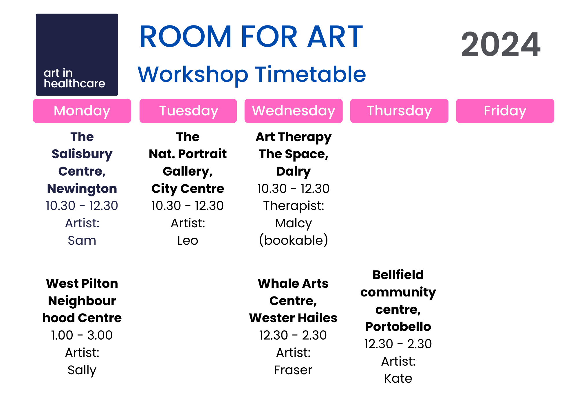 Room for Art Timetable